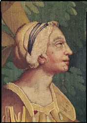 Cephalus e Procris, detalhe da cabeça de Procris, tapeçaria da Oficina Beauvais